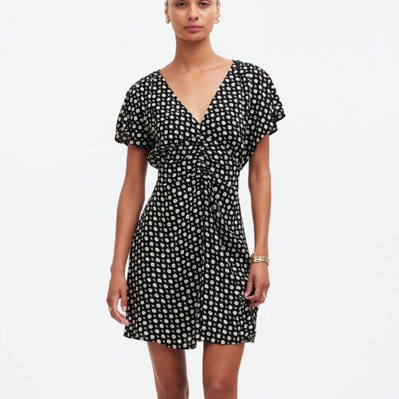 madewell ns232 Ruched V-Neck Mini Dress in Floral blk and wt nwt size 4 - Picture 1 of 13